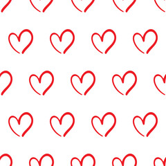 Hand drawn doodle red heart seamless pattern on white background. Cute love hearts Repeating pattern for Valentine's day holiday backdrop texture, romantic wedding design