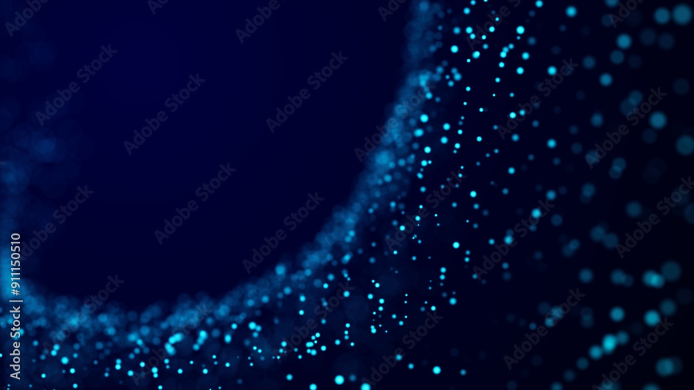 Poster abstract blue background with moving glowing particles. big data. 3d rendering.