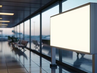 Close-up of a blank white digital display mockup in a modern airport