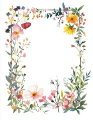 rectangular watercolor floral frame, thin sides, with white background 