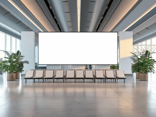 Departure lounge in airport with blank white billboard mockup