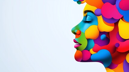 Obraz premium A colorful face with a white background. The face is made up of different colors and shapes, giving it a unique and artistic appearance. Concept of creativity and individuality