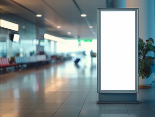 Mockup of a blank white billboard in an airport waiting area