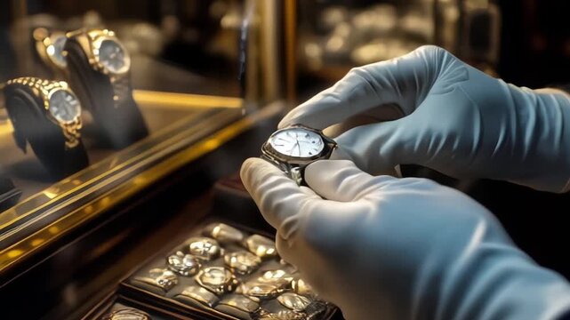 Close-up of the seller's hands in gloves shows the exclusive men's watch from the new collection in the luxury jewelry store