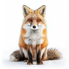 Obraz premium Fluffy red fox sitting and looking directly forward against a pure white background in a studio portrait.