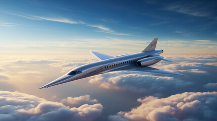 Modern Supersonic Jet Flying Over Clouds During Sunset in Clear Sky