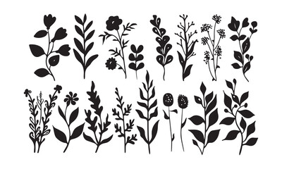black and white silhouettes of flowers , trees and  leaf graphics element isolated on white background