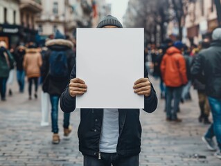 Man holding a blank white poster mockup on a busy city street