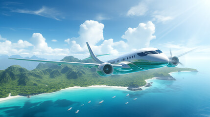 Naklejka premium Modern Jet Airplane Overlooking Tropical Island and Blue Sea
