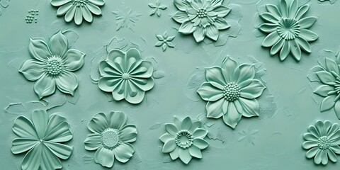 A green background with a variety of flower designs