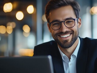 Fototapeta premium A smiling businessman sitting in front of a laptop, focused on his work