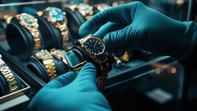 Close-up of the seller's hands in gloves shows the exclusive men's watch from the new collection in the luxury jewelry store