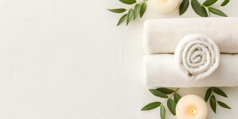 A white background with a roll of white towels and two candles