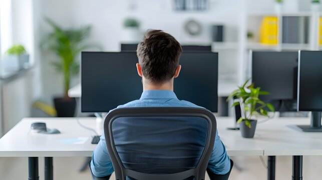A man is sitting at a desk with a computer monitor in front of him