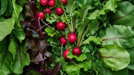 Fresh organic greens and radishes from garden seen from above