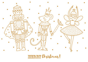 Nutcrackers. Line gold greeting card.  Cute Christmas villustration. interior poster