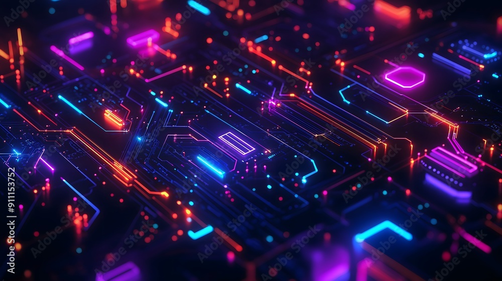 Wall mural 25. **abstract digital circuit patterns glowing with neon colors on a dark background