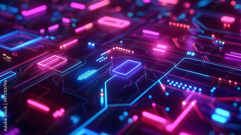 Wall mural 25. **abstract digital circuit patterns glowing with neon colors on a dark background