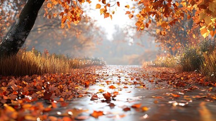 35. Photorealistic autumn pathway covered in fallen leaves, with a gentle stream and a clear, crisp sky