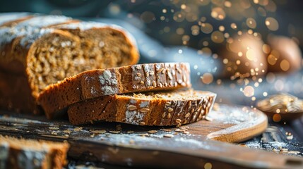 Fresh wholemeal bread slices on cutting board with vegetarian appeal for healthy eating sliced bread as backdrop