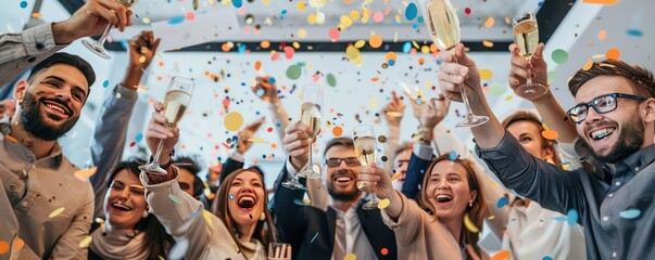Happy colleagues celebrate success with champagne and confetti.