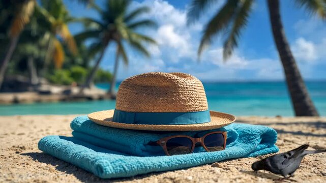 straw hat and sunglasses on the beach