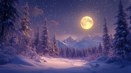 44. Photorealistic winter night with a snow-covered forest, a full moon, and twinkling stars creating a magical scene