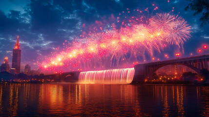 都会の中の美しい夜景と花火の風景