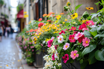beautiful flowers outside a market in a tipical parisian street, europe
