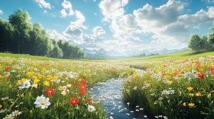 Obraz premium 45. Photorealistic spring field with wildflowers in full bloom, a gentle stream, and a bright, sunny sky creating a serene landscape