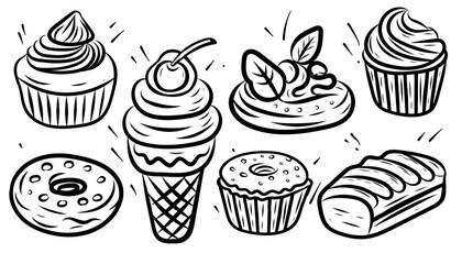 Collection of vector illustrations in line art style of hand-drawn food sweets, cakes, ice cream, cupcake
