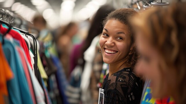 Smiling woman in a crowded market.