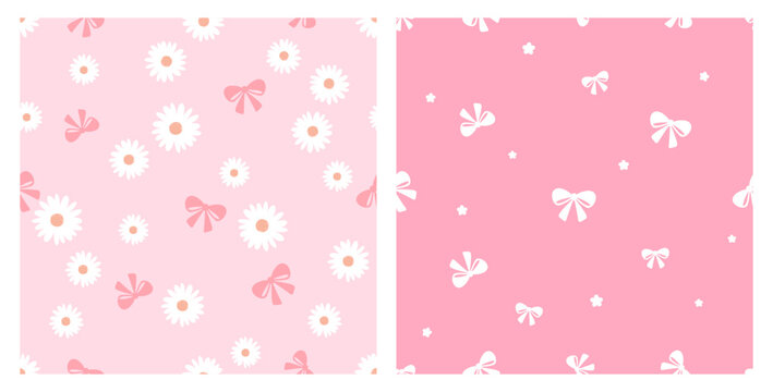 Seamless pattern with daisy flower and ribbon bow on pink backgrounds vector.