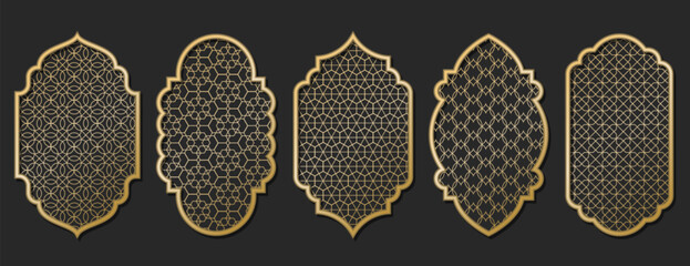 Gold traditional islamic window shape. Arabic golden frames, mosque arches isolated on black background. Muslim architecture design elements, silhouette moroccan borders or gates. Ramadan kareem doors