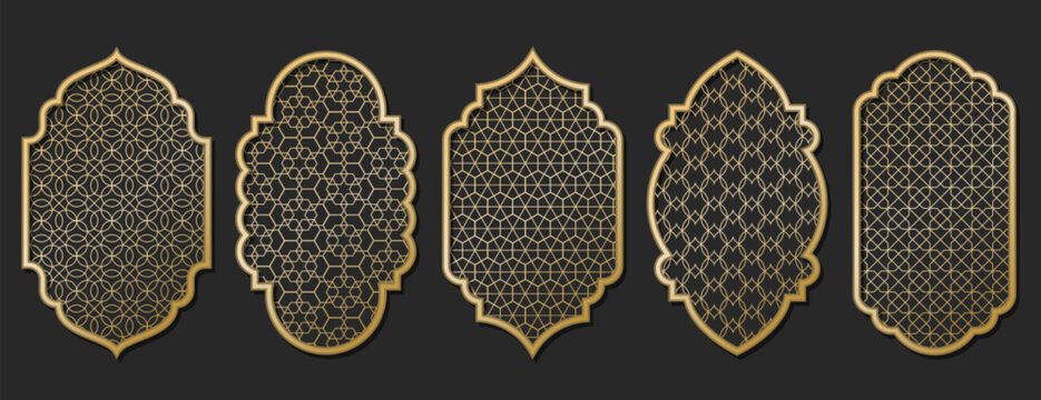 Gold traditional islamic window shape. Arabic golden frames, mosque arches isolated on black background. Muslim architecture design elements, silhouette moroccan borders or gates. Ramadan kareem doors