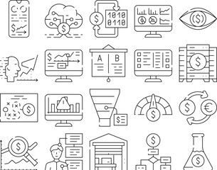 Business Intelligence Technology Icons Set Vector. Business Intelligence Analysis And Analytics Chart And Infographic, Digital Strategy And Science, Trade Market Research Contour Illustrations