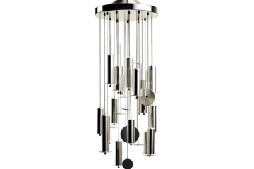 Ethereal Harmonies: A Metal Wind Chime Swinging Gracefully From the Ceiling on White or PNG Transparent Background.