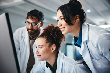 Science, group and computer with cooperation, research and online reading with medical cure....