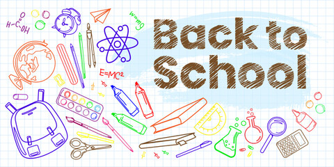 Back to school horizontal banner with supplies drawn in doodle style. School background template for education items sale advertisement, promotions, banner template. Vector illustration