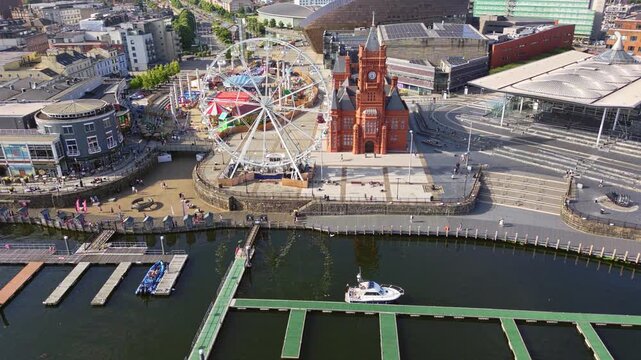 Aerial view of Cardiff Bay waterfront attractions