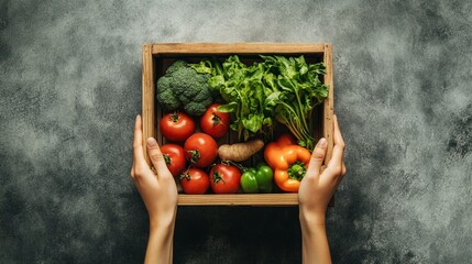 Fresh vegetables in wooden box and lettuce on wooden background