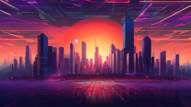 Modern city at sunset. Retrowave vibe.