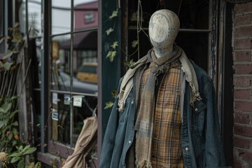 Fototapeta premium Mannequin in storefront window with denim jacket and plaid scarf.