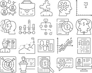Business Consultant Advicing Icons Set Vector. Consultant Service And Advice, Planning Strategy And Success Goal Achievement, Search Solve Company Problem Research Report Black Contour Illustrations