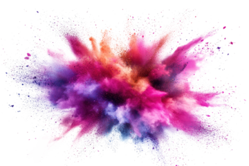 A dynamic burst of vibrant pink, purple, and orange powder, creating a stunning explosion of colors on a transparent background, capturing energetic motion.