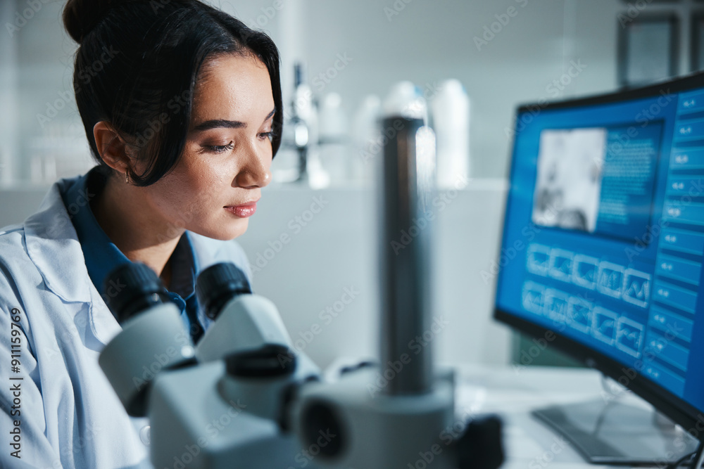 Aufkleber computer screen, face and microscope with woman in laboratory for development, innovation or researc