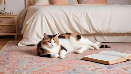Cat rest on carpet floor in home room, Ginger cat resting on blanket in front of window