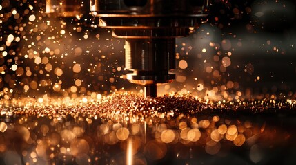 Metal shavings illuminated by drilling machinery in the metal sector
