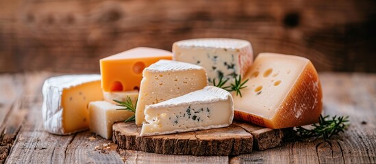 Assorted Cheeses on Rustic Wooden Board with Rosemary Garnish in Warm Natural Light