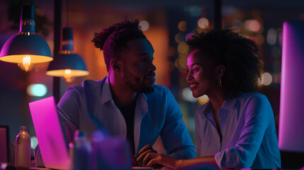 Obraz premium A man and a woman are sitting at a desk with a computer monitor in front of them